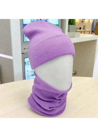 Жіночий зимовий комплект шапка з відворотом + баф-снуд фіолетовий, теплий, стильний, акрил/шерсть, One Size No Brand (363052189)