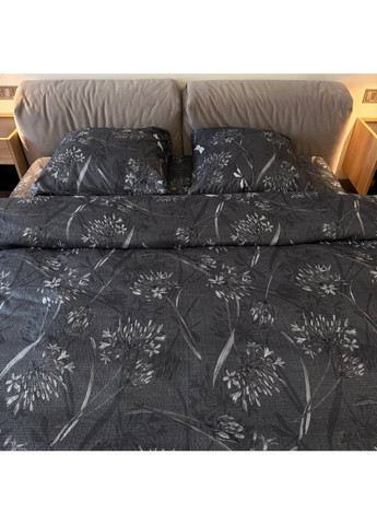 Комплект постельного белья полуторный темно-серый Цветы Жатка 673479 Ananasko (362671321)