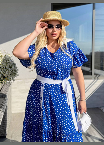 Синя батальна синя сукня-міді із софту в горошок No Brand в горошок