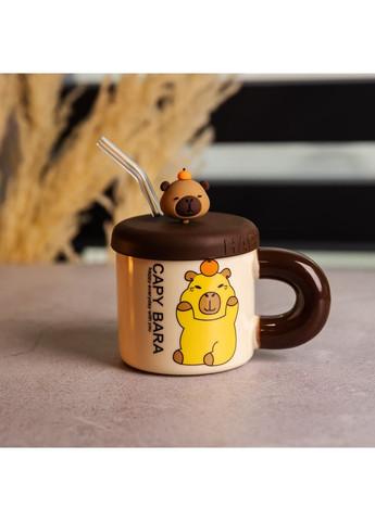 Чашка порцелянова з кришкою і трубочкою Капібара з апельсином 300 (мл) FM-27C Jooki (372010809)