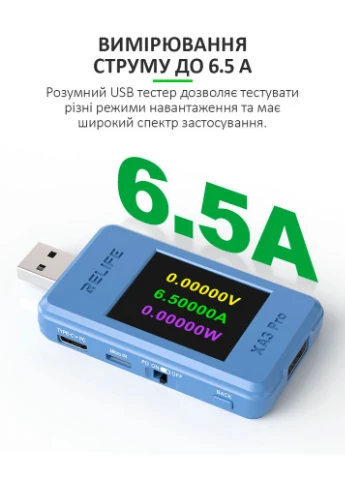 Многофункциональный USB тестер XA3 Pro / 1.77'' / Type-C / Синхронизация с ПК / 4-24В / 6.5A Relife (378795336)