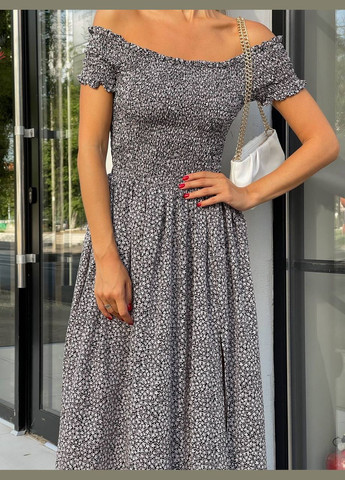 Серое повседневный, вечернее, кэжуал женское платье клеш FINO Mode с цветочным принтом