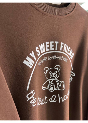 Темно-коричневий світшот жіночий a-n 25057 з малюнком ведмедиком попереду оверсайз середньої довжини комфорт one size (316215665)