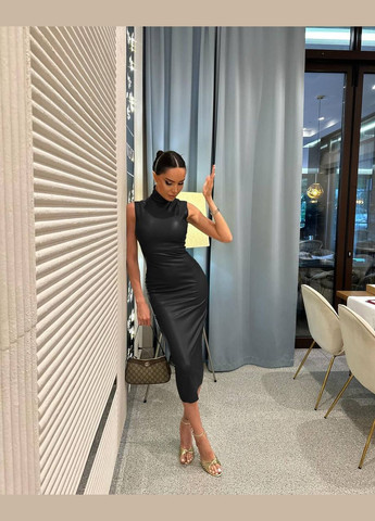 Чорна красива чорна приталена сукня-міді з еко-шкіри, шикарна сукня без рукава No Brand однотонна