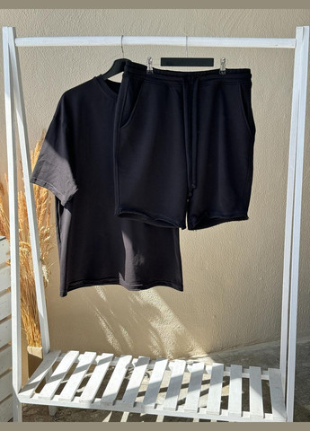 Чорний літній базовий повсякденний оверсайз костюм з шортами Vakko