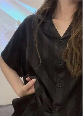 Чорна всесезон стильний атласний піжамний комплект жіноча піжама з атласу сорочка + шорти стильна коротка піжама на ґудзиках набір для сну сорочка + шорти Cindylove