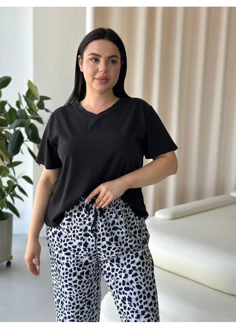 Черная чёрная женская пижама с леопардовым принтом plus size Vakko