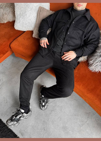 Черный демисезонный замшевый костюм двойка с рубашкой, брючный Україна