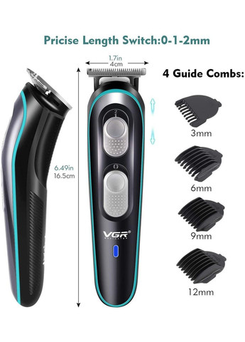 Професійна машинка для стриження волосся й бороди акумуляторна бездротова з насадками 3,6,9, 12 мм V-055 Чорна VGR (324066611)