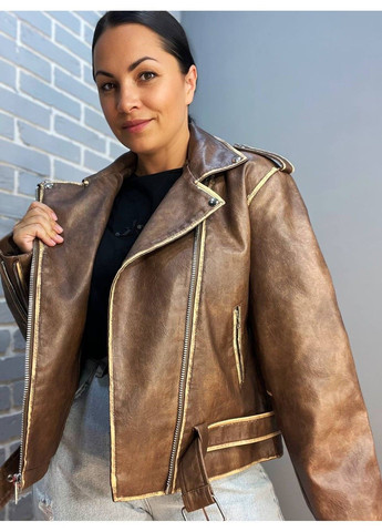 Коричневая демисезонная куртка женская 2456 косуха молнии пояс вареные швы экокожа AFTF BASIC