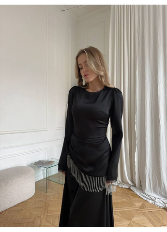 Черное праздничный элегантное платье из шелка армани с камнями — замеры в описании силуэтная GD/GL Модний простір однотонное