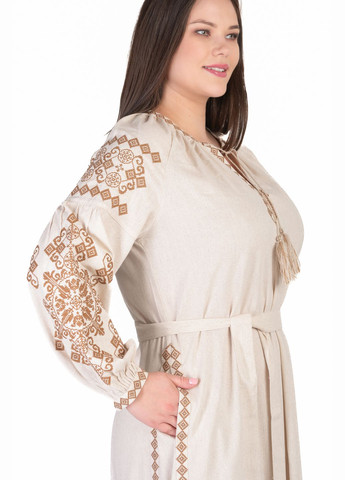 Бежевая этническое платье с вышивкой злата (бежевый) Golfstream свободная лен (338881482)