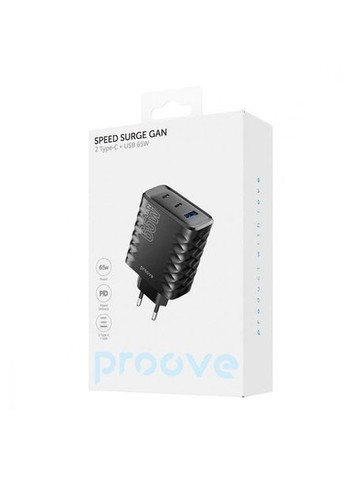Зарядное устройство быстрый блок Speed Surge Gan 65W (USB + 2 Type-C) черный Proove (293345440)