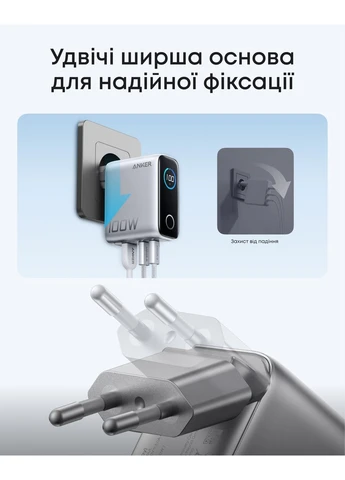 Мережева зарядка GaN Charger 100W, 2xUSB-C PD & 1xUSB-A w Display and Cable (Silver) Anker (402254795)