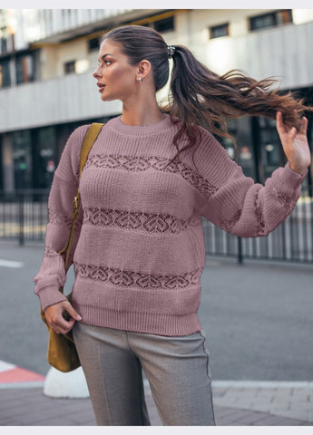 Пудровый демисезонный вязаный джемпер пудрового цвета с ажурными вставками Dressa