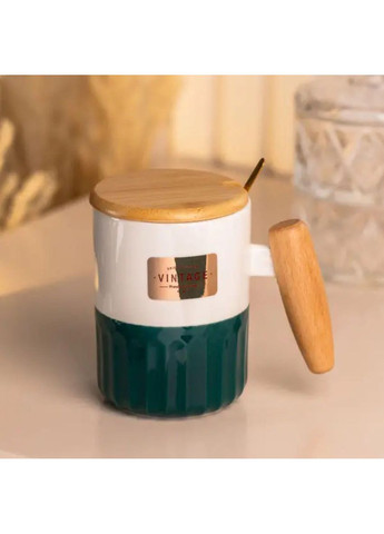 Чашка порцелянова з бамбуковою кришкою та ручкою 400 мл Зелена HP7204GR TS Kitchen (361851104)