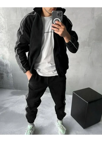 Черный демисезонный костюм мужской двухсторонний плотный флис турция, очень теплый, не кашлатится, брюки и кофта на молнии Україна