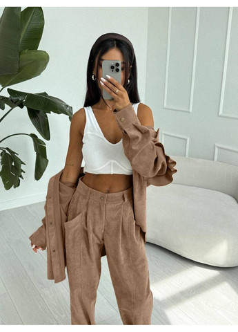 Женский костюм двойка из вельвета: рубашка с воланами и брюки. MonCher (354940763)