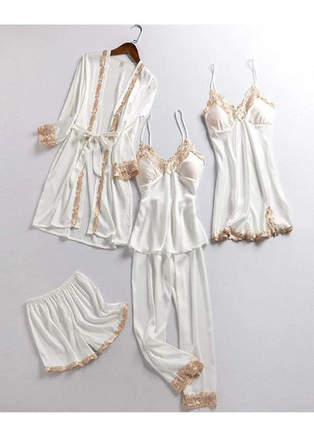 Комбінована всесезон піжамний комплект anna атласний халат + сорочка +топ + шортики + штани. чашечки з поролоном. No Brand