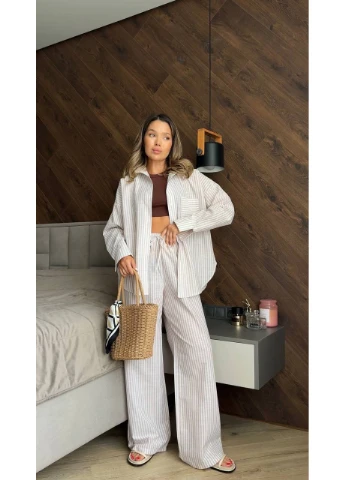 Костюм женский льняной штаны+рубашка в полоску бежевого цвета 37869 Fashion (389495563)