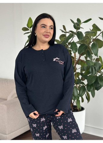 Синяя женская пижама plus size синяя с принтом котиков и сердечек / женская пижама больших размеров темно-синяя трикотажная No Brand