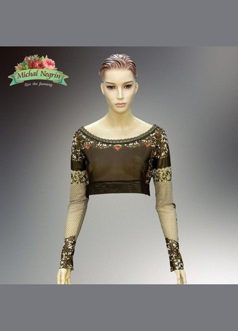 Бежевая блуза женская "винтажная фантазия" с кристаллами swarovski, кружевом и цветочным принтом, ручная работа (р-m) Michal Negrin