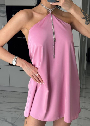 Розовое вечернее изысканное легкое летнее вечернее мини платье без рукавов со шнурком из стразов Tik-Tak однотонное