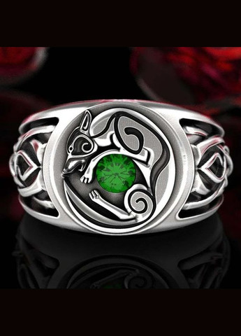 Стильное кольцо в виде волка лежащего на зеленом камне Кельтский перстень с волком Сила Свободы р 17.5 Fashion Jewelry (285272348)