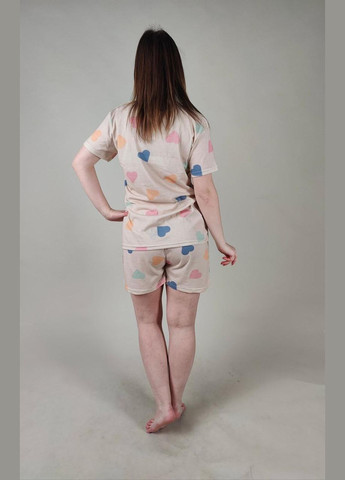 Бежевая всесезон женская коттоновая пижама с футболкой и шортами турецкого производства Mirano