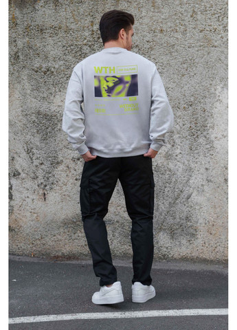 Серый мужской утепленный оверсайз свитшот на флисе с принтом pop culture Without однотонный без декора (361267532)