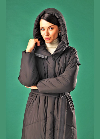 Черное демисезонное Пальто-пуховик женский с капюшоном длинный зимний черный Marshal Wolf MKMM-58 Modna KAZKA