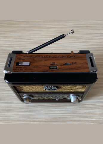 Радіоприймач від мережі з акумулятором і роз'ємом під батарейки, Bluetooth, USB, SD і двома ліхтариками Brown Golon (330828937)