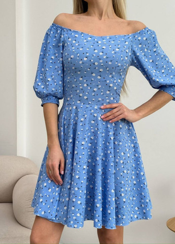 Голубое повседневный платье с рукавами-фонариками Allthings с цветочным принтом