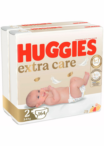 Набір підгузків на липучках Extra Care 2 (3-6 кг), 164 шт. (2 уп. по 82 шт.) Huggies (332943844)