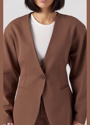 Коричневый женский классический жакет без воротника с имитацией карманов Lurex - демисезонный
