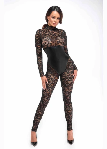 Комбинезон F299 Enigma, кружево, длинный рукав, имитация корсета, доступ - CherryLove Noir Handmade чёрный лайкра, полиамид