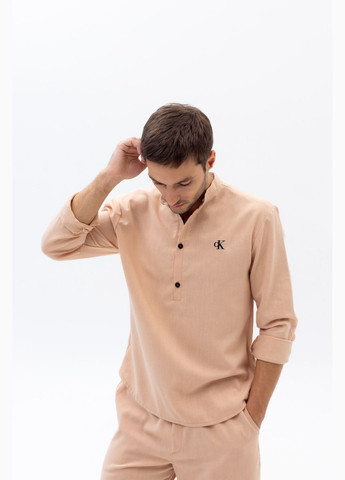 Бежевый летний льняный кэжуал костюм из лого ск с рубашкой, с шортами Vakko