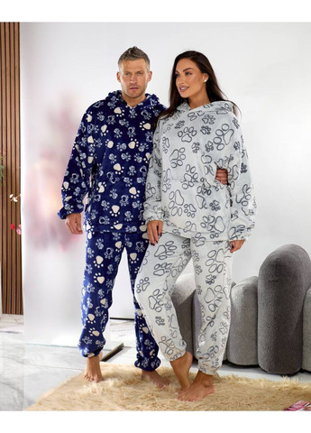 Сіра піжама унісекс лапки,тепла з кенгуру,двосторонній плюш штани та кофта з капюшоном Україна