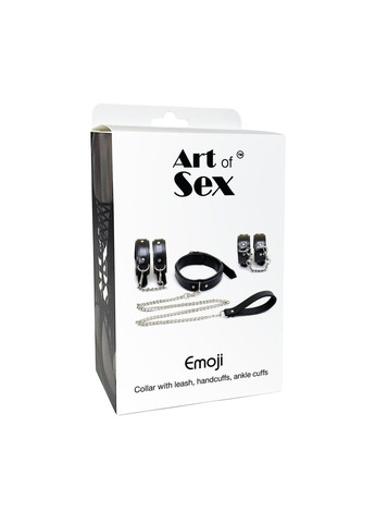 BDSM-набір із 3 елементів Emoji, наручники, поножі, нашийник з повідцем, екошкіра,чорний Art of Sex (297588113)