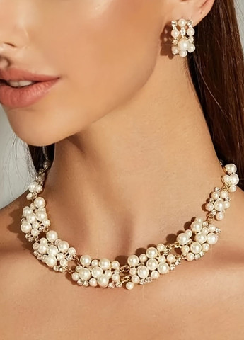 Набір біжутерії комплект кольє та сережки зі штучними перлинами та камінцями Fashion Jewelry (334305391)