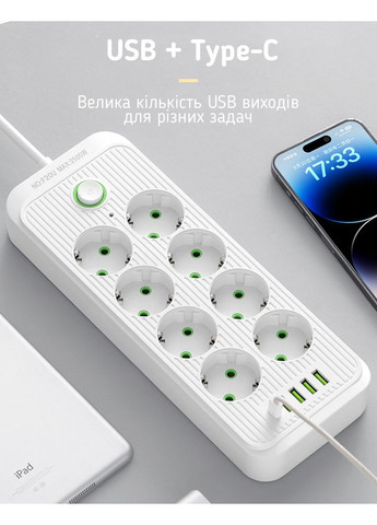 Мережевий фільтр подовжувач на 6 розеток + 4 USB-A + 1 USB-C (PD) 2 м Чорний No Brand (351361045)