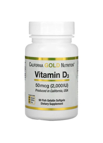 Вітамін Д3 2000 МЕ Vitamin D3 для здоров'я кісток зубів імунітету 90 капсул California Gold Nutrition (263516171)