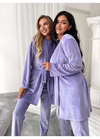 Бузкова зимня жіноча велюрова домашня піжама піжамний комплект трійка зі штанами лавандовий бузковий Україна