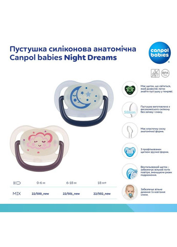 Пустышка силиконовая анатомическая Night Dreams, 0-6 мес., розовый () Canpol Babies 22/500_new pink (336330069)
