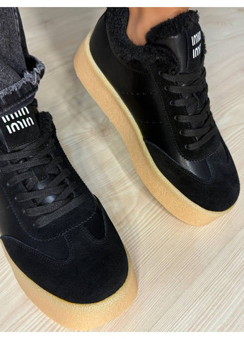 Чорні кеди жіночі 632-1 утеплені шкіряні з замшею на хутрі чорні Hengji