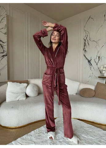 Темно-бежева велюрова піжама трійка Osoblyva