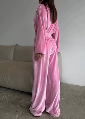 Базовый повседневный велюровый оверсайз комбинезон на молнии с длинными рукавами фонарик и воротником стойкой Allthings комбинезон-брюки однотонный розовый повседневный велюр