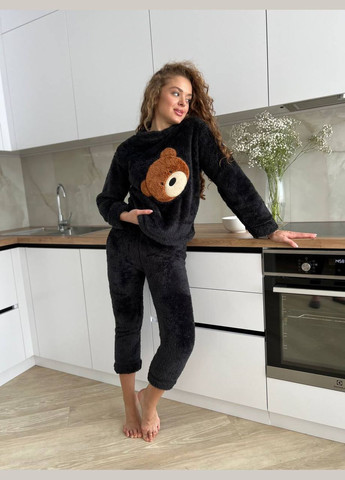 Чорна всесезон чорна всесезон затишний домашній костюм-піжамка футболка + штани Stylish Touch