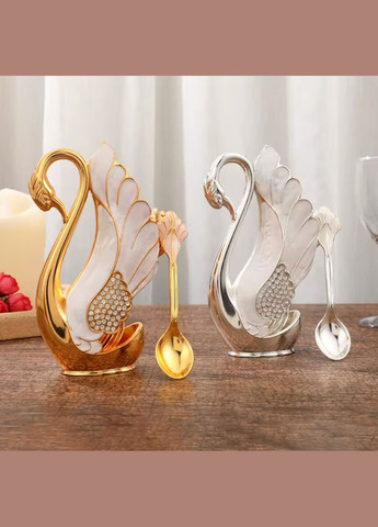 Набір з 6 кавових/чайних ложок та витонченої підставки у вигляді лебедя з імітацією перламутру Срібного кольору No Brand (336884610)