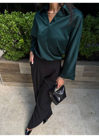 Изумрудная повседневный рубашка однотонная No Brand с длинным рукавом